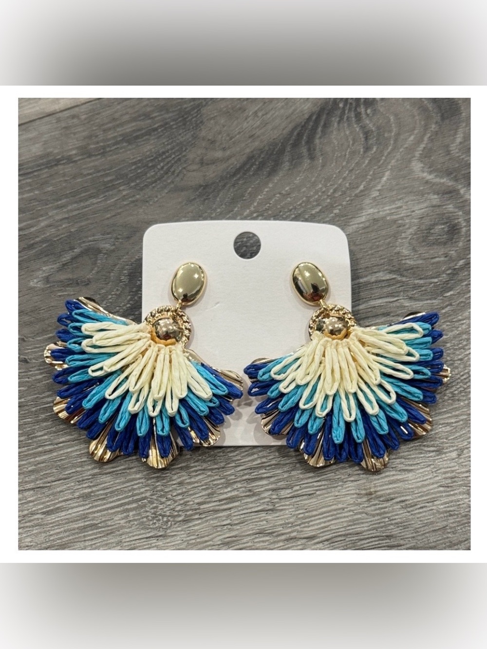 Blue and Cream Fanned Raffia Summer Drop Earrings Women’s Fashion Jewelry